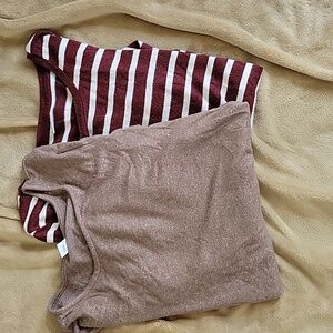 Old Navy Maroon and White Striped Tee And Tan Long Sleeve Tee